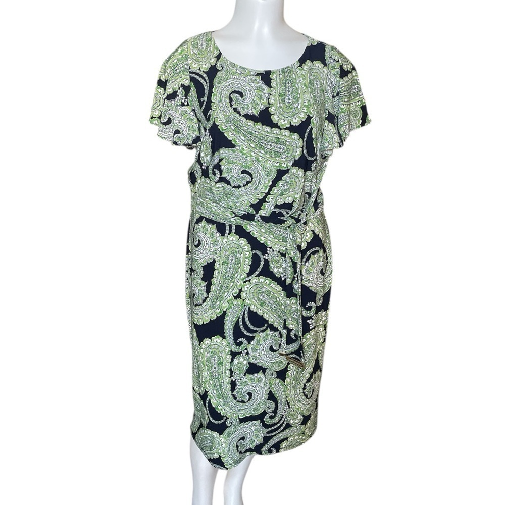 Tommy Hilfiger green with navy paisley print front tie dress sz 8